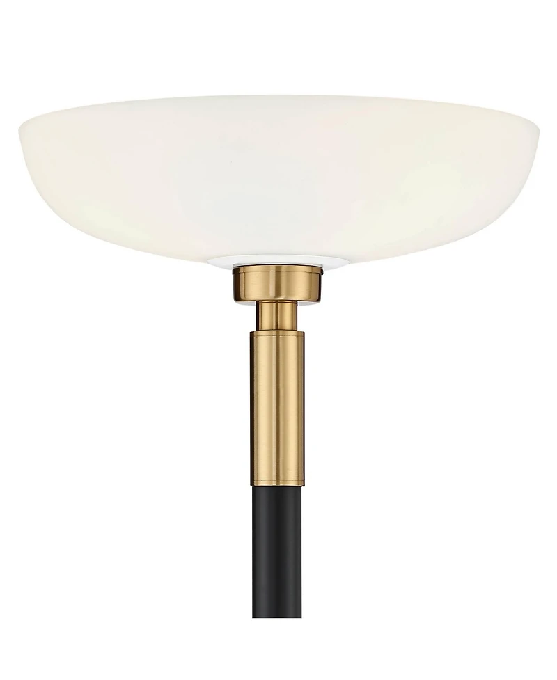 Possini Euro Design Cameron Light Blaster Modern Torchiere Floor Lamp Led 72.25" Tall Warm Antique Brass Matte Black Opal Glass Bowl Pole Light for Li