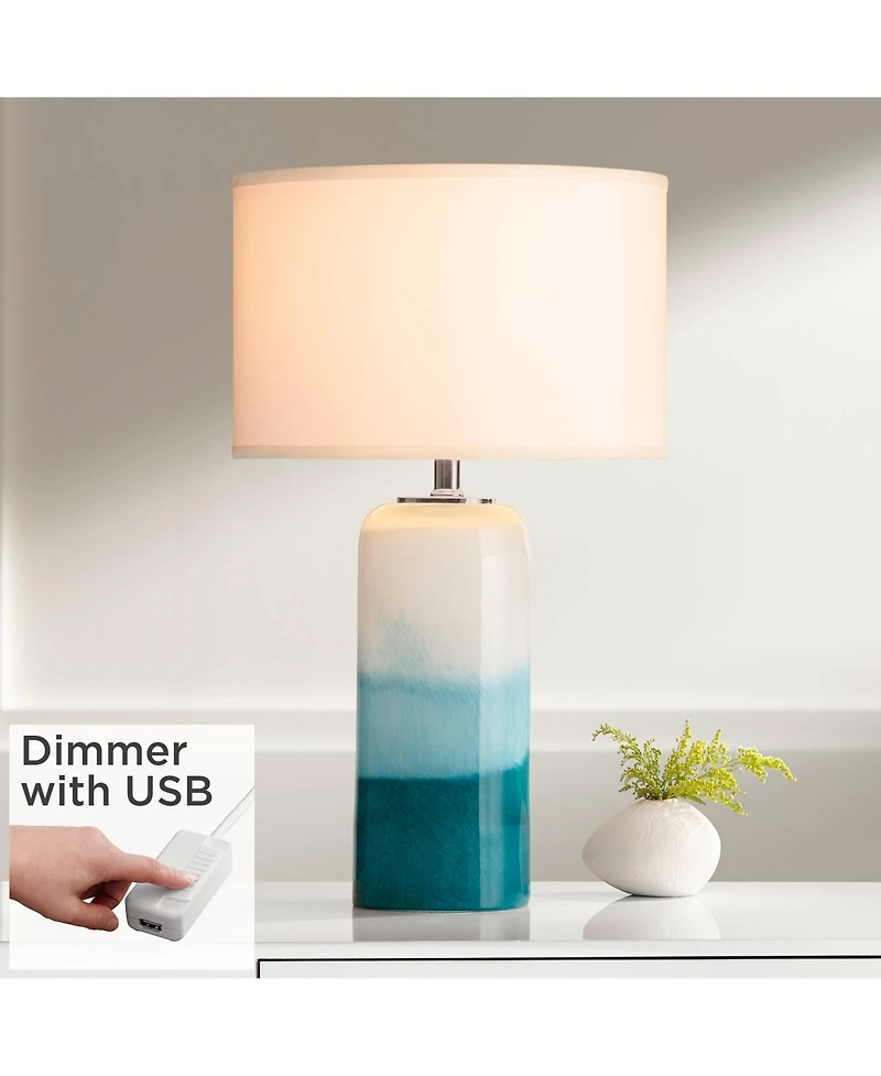 Roxanne Modern Coastal Table Lamp with Usb Charging Port and Nightlight Led 25" High Blue Art Glass White Drum Shade for Living Room Desk Bedroom Hous