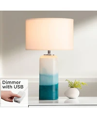 Roxanne Modern Coastal Table Lamp with Usb Charging Port and Nightlight Led 25" High Blue Art Glass White Drum Shade for Living Room Desk Bedroom Hous