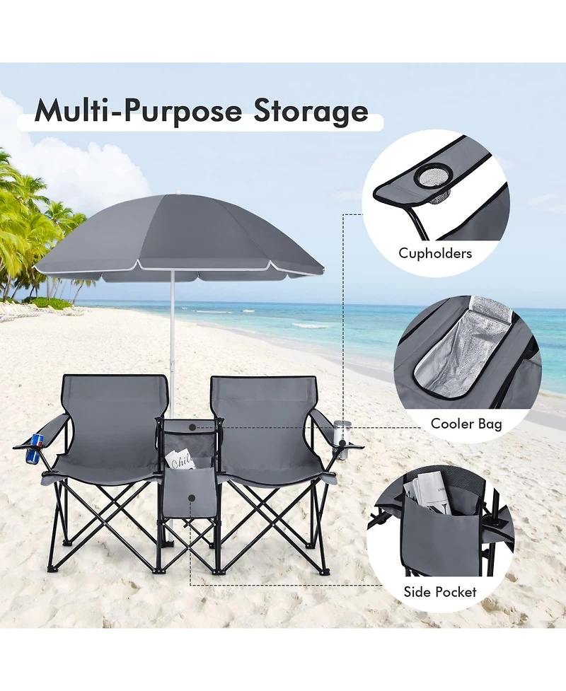 Vebreda Portable Folding Picnic Double Chair With Umbrella