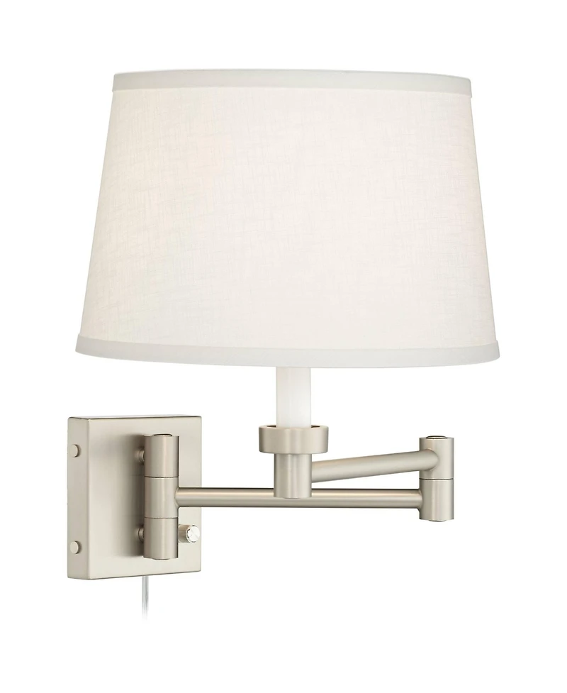 Possini Euro Design Modern Swing Arm Wall Lamp Brushed Nickel Plug-In Light Fixture White Linen Drum Shade for Bedroom Living Room