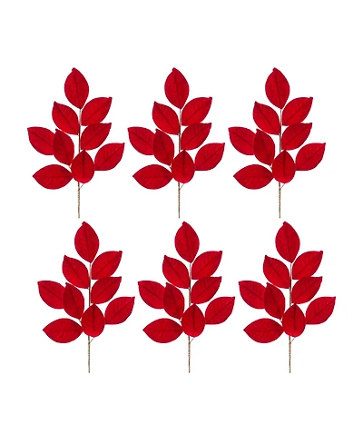 Slickblue Artificial Flocked Magnolia Leaf Spray (Pack of 6) Soft Velvet Touch, Ideal for Winter and Christmas Decorations