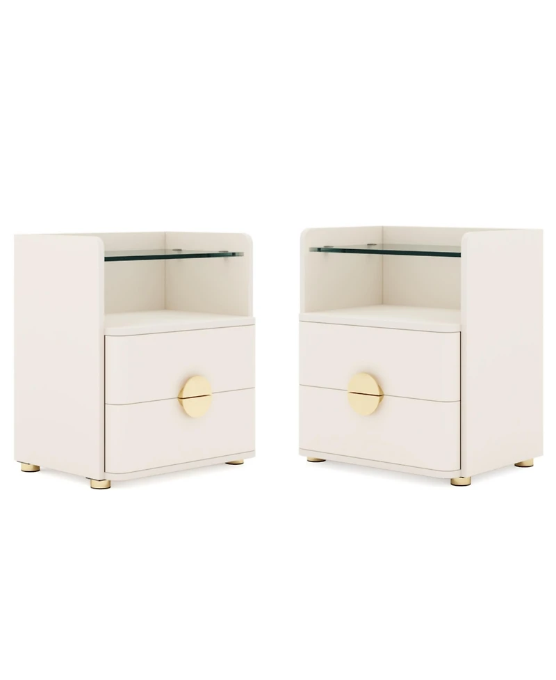 Tribesigns Modern Nightstands Set of 2, 2-Drawer Night Stand with Open Storage Space, Easy Assembly Wood Bed Side Table for Bedroom, Tempered Glasses
