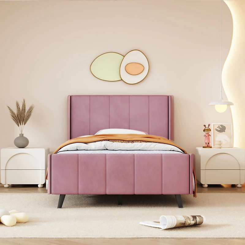 Streamdale Twin Size Upholstered Platform Bed, Velvet, Pink