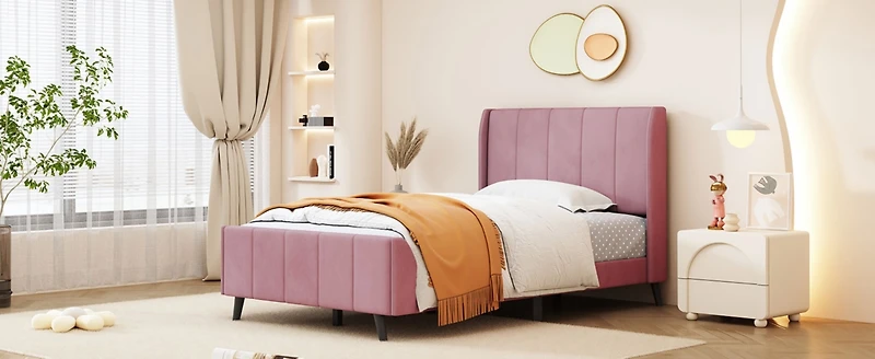 Streamdale Twin Size Upholstered Platform Bed, Velvet, Pink