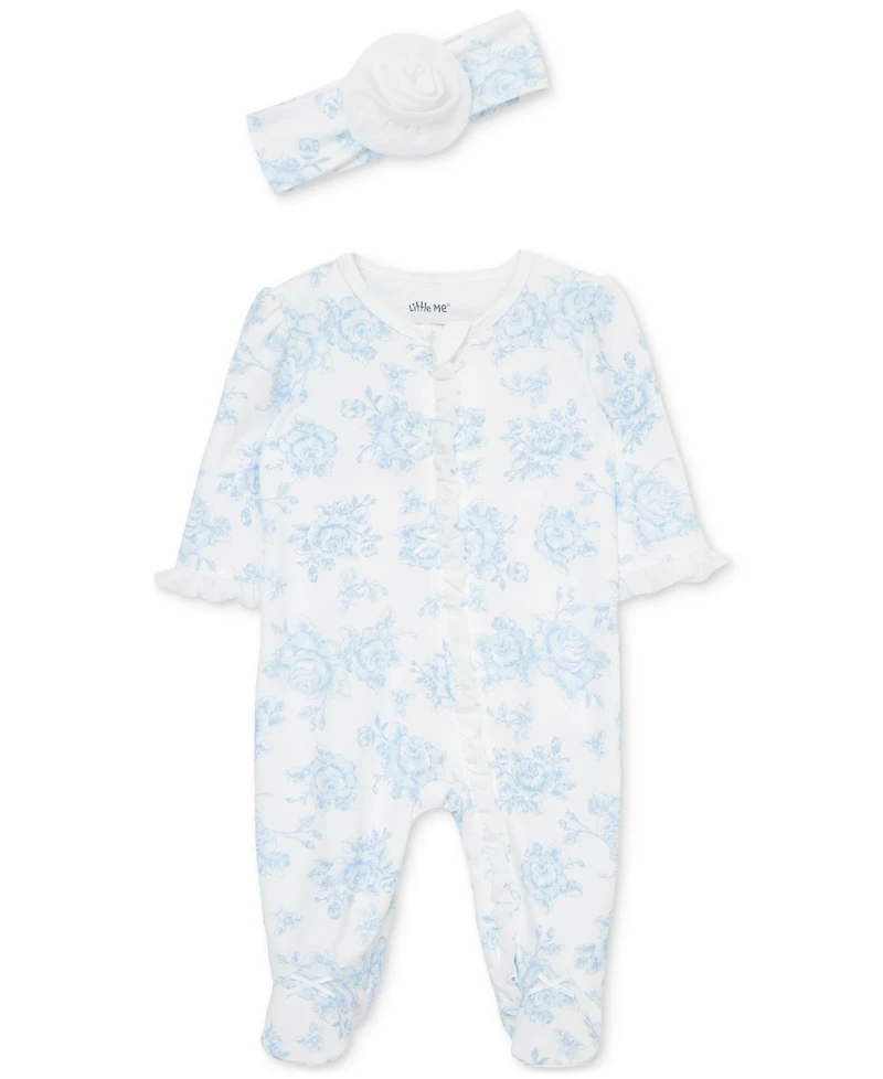 Little Me Baby Girls Cotton Blue Roses Footie & Headband Set