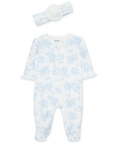Little Me Baby Girls Cotton Blue Roses Footie & Headband Set