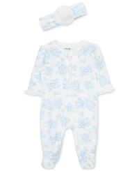 Little Me Baby Girls Cotton Blue Roses Footie & Headband Set