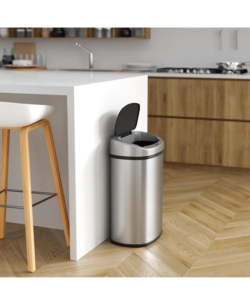iTouchless Stainless Steel Oval Sensor Trash Can with AbsorbX Odor Filter and Ac Adapter, 13 Gallon Silver