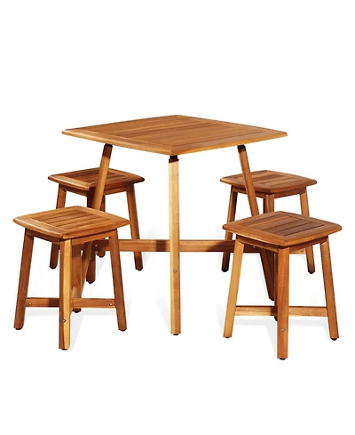 Sugift 5 Pieces Wood Patio Dining Set with Square Table and 4 Stools