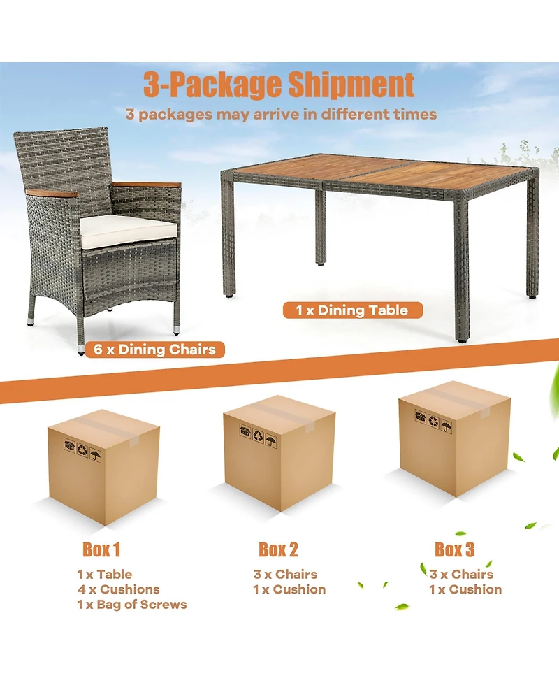 Gymax 7PCS Outdoor Dining Set Patio Acacia Wood and Rattan Furniture Set w/ Cushions