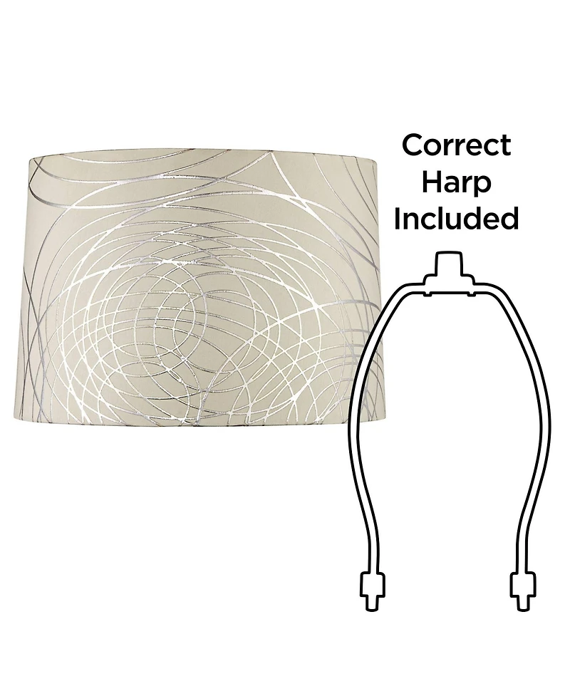 Springcrest Set of 2 Drum Lamp Shades Off-White Silver Circles Medium 15" Top x 16" Bottom x 11" High Spider with Harp and Finial