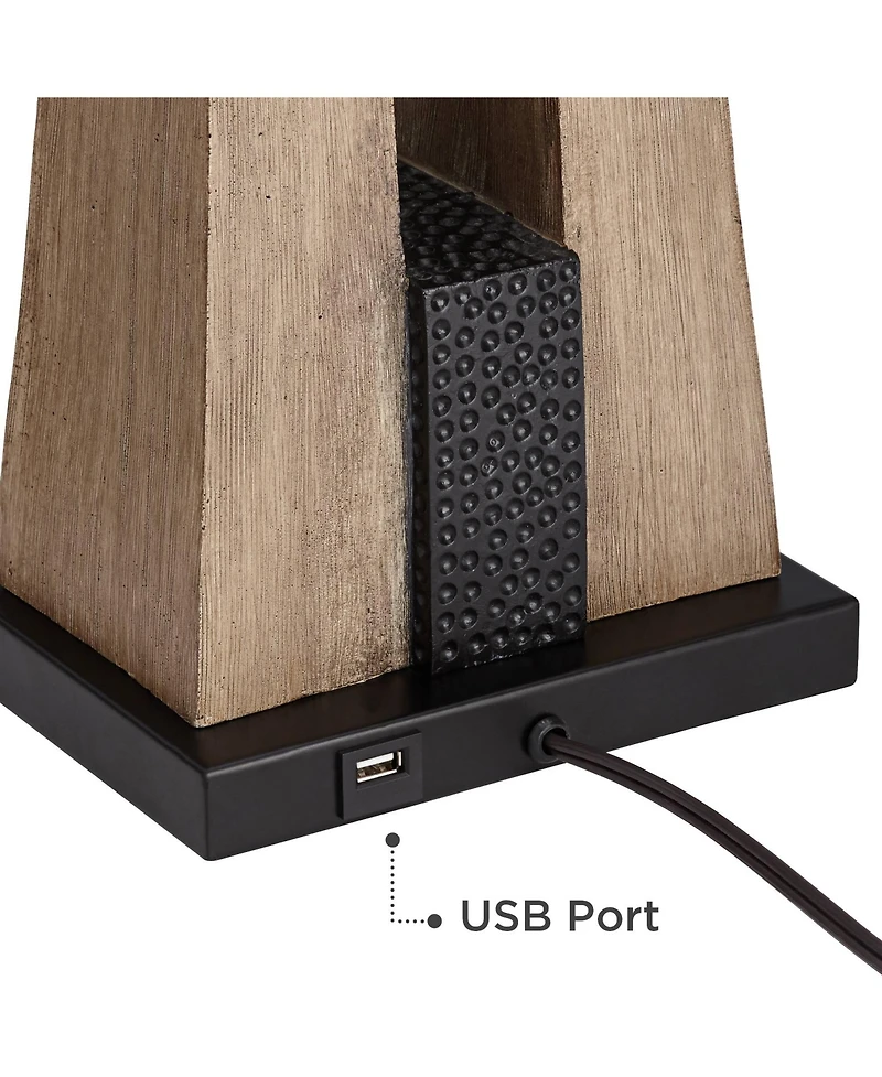 Mitchell Rustic Farmhouse Table Lamps 27" Tall Set of 2 with Usb Port Wood Oatmeal Tapered Rectangular Fabric Shade for Living Room Bedroom House