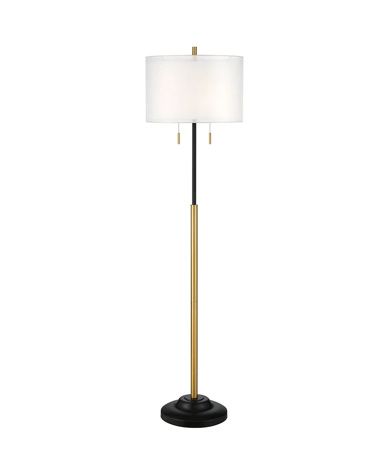 Possini Euro Design Roxie Modern Floor Lamp Standing 65 1/2" Tall Brass Black Metal Sheer Linen Double Drum Shade for Living Room Bedroom Office