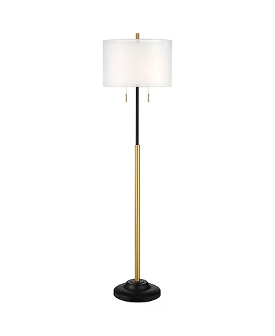 Possini Euro Design Roxie Modern Floor Lamp Standing 65 1/2" Tall Brass Black Metal Sheer Linen Double Drum Shade for Living Room Bedroom Office