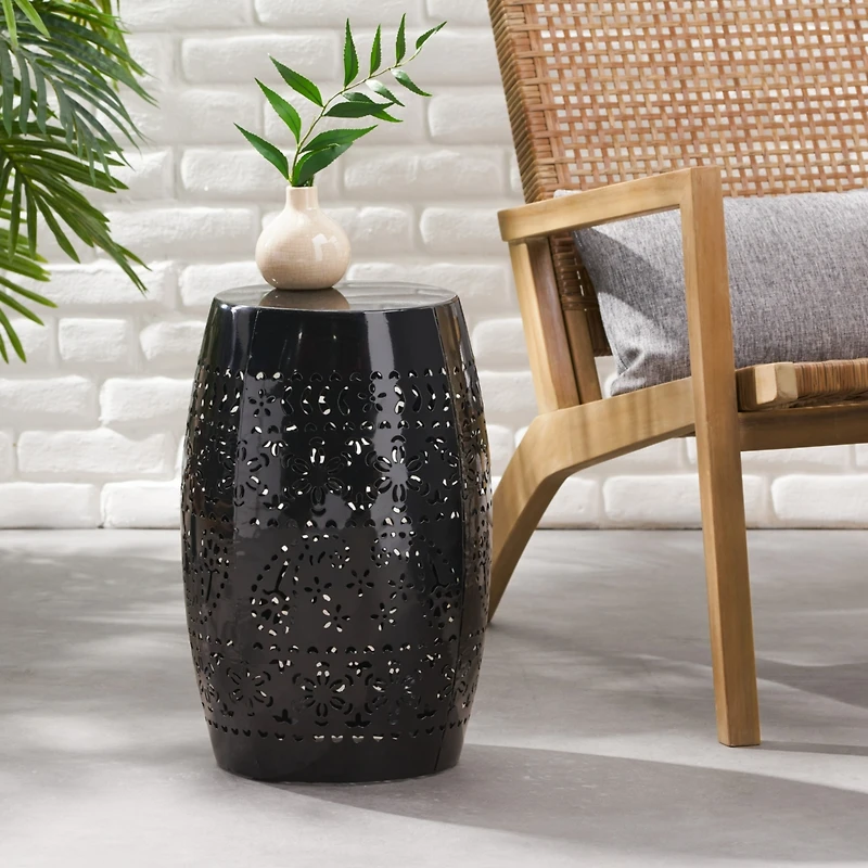 Simplie Fun Modern Barrel Side Table with Lace Cut Design