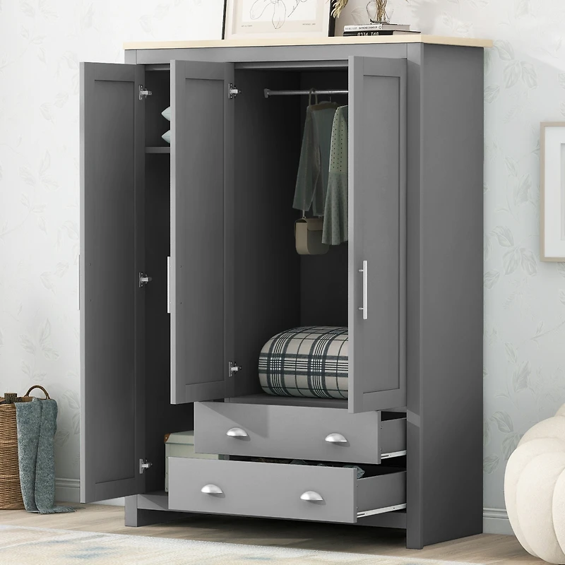 Streamdale Three Door Storage Wardrobe with Cabinets and Two Hanging Rods, Gray