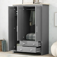 Streamdale Three Door Storage Wardrobe with Cabinets and Two Hanging Rods, Gray