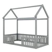 Streamdale Twin Wood House Bed with Fence and Door, Gray