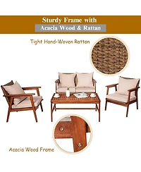 Costway 8PCS Patio Rattan Furniture Set Acacia Wood Frame Cushioned Sofa Chair Garden