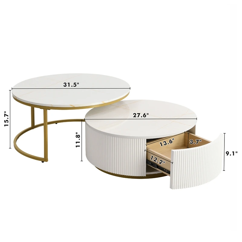 Streamdale Modern Fluted Nesting Coffee Table with Drawer (White & Gold)