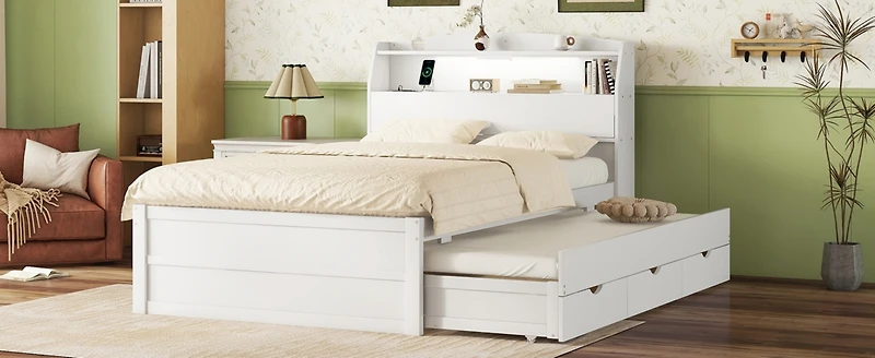 Streamdale Full-Size Led Bed with Trundle and Storage Headboard