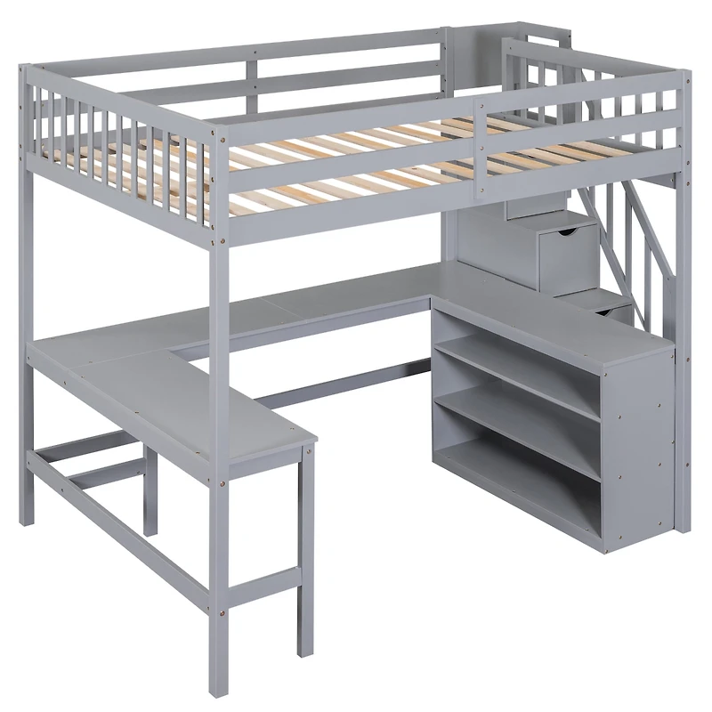 Streamdale Loft Bed with Desk, Shelves, and Staircase, Gray