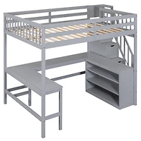 Streamdale Loft Bed with Desk, Shelves, and Staircase, Gray
