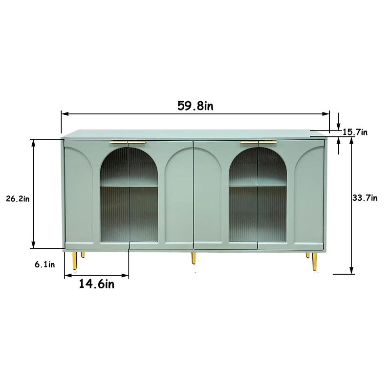 Streamdale Furniture Mint Green Accent Cabinet 4 Glass Doors, Adjustable Storage
