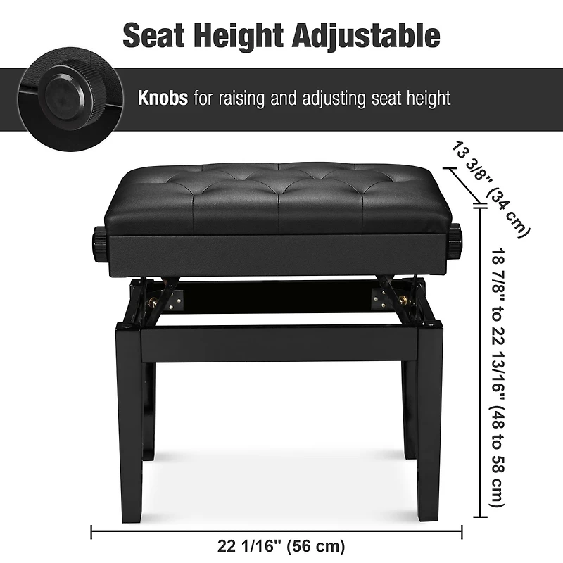 Piano Bench Pu Leather Storage Adjustable Height Padded Seat Keyboard Black