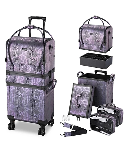 Byootique Purple Makeup Train Case Lockable Rolling Cosmetic Trolley Storage