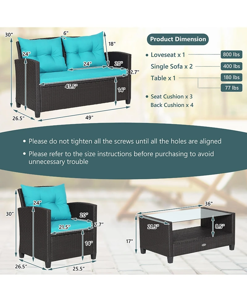 8 Pcs Patio Rattan Furniture Set Glass Table Shelf Sofa Cushion Black