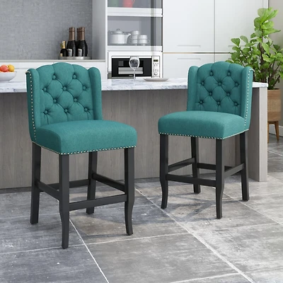 Streamdale Luxurious Button-Tufted Teal Counter Stools with Wingback Design