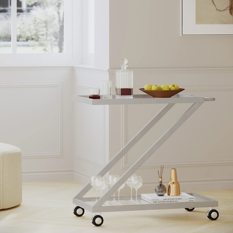 Simplie Fun Modern Z-Shaped Bar Cart with Tempered Glass Shelves and Locking Casters