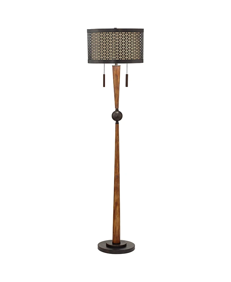 Franklin Iron Works Modern Mid Century Farmhouse Rustic Floor Lamp 64" Tall Bronze Cherry Wood Metal Cream Double Drum Shade for Living Room Read