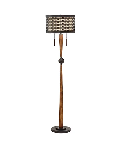 Franklin Iron Works Modern Mid Century Farmhouse Rustic Floor Lamp 64" Tall Bronze Cherry Wood Metal Cream Double Drum Shade for Living Room Read