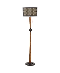 Franklin Iron Works Modern Mid Century Farmhouse Rustic Floor Lamp 64" Tall Bronze Cherry Wood Metal Cream Double Drum Shade for Living Room Read