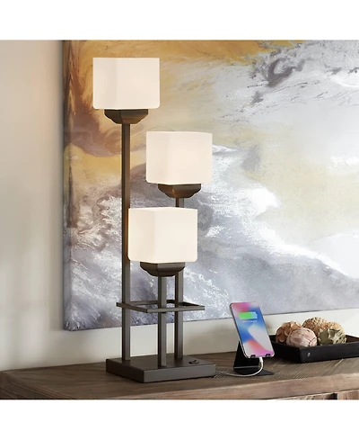 Franklin Iron Works Modern Console Table Lamp 29 1/2" Tall with Usb Charging Port Bronze Metal White Glass Square Shade for Bedroom Living Room H