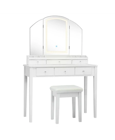 Sugift Vanity Table Stool Set with Large Tri-folding Lighted Mirror