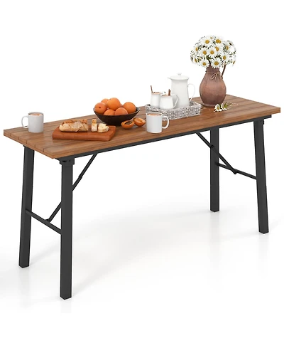 Slickblue Folding Picnic Table Acacia Wood Dining Table with Metal Frame for Indoor Outdoor Activities