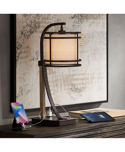 Gentry Industrial Desk Table Lamp 22" High with Usb and Ac Power Outlet in Base Oil Rubbed Bronze Faux Wood Metal Cage Oatmeal Drum Shade for Bedroom