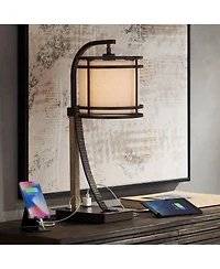 Gentry Industrial Desk Table Lamp 22" High with Usb and Ac Power Outlet in Base Oil Rubbed Bronze Faux Wood Metal Cage Oatmeal Drum Shade for Bedroom