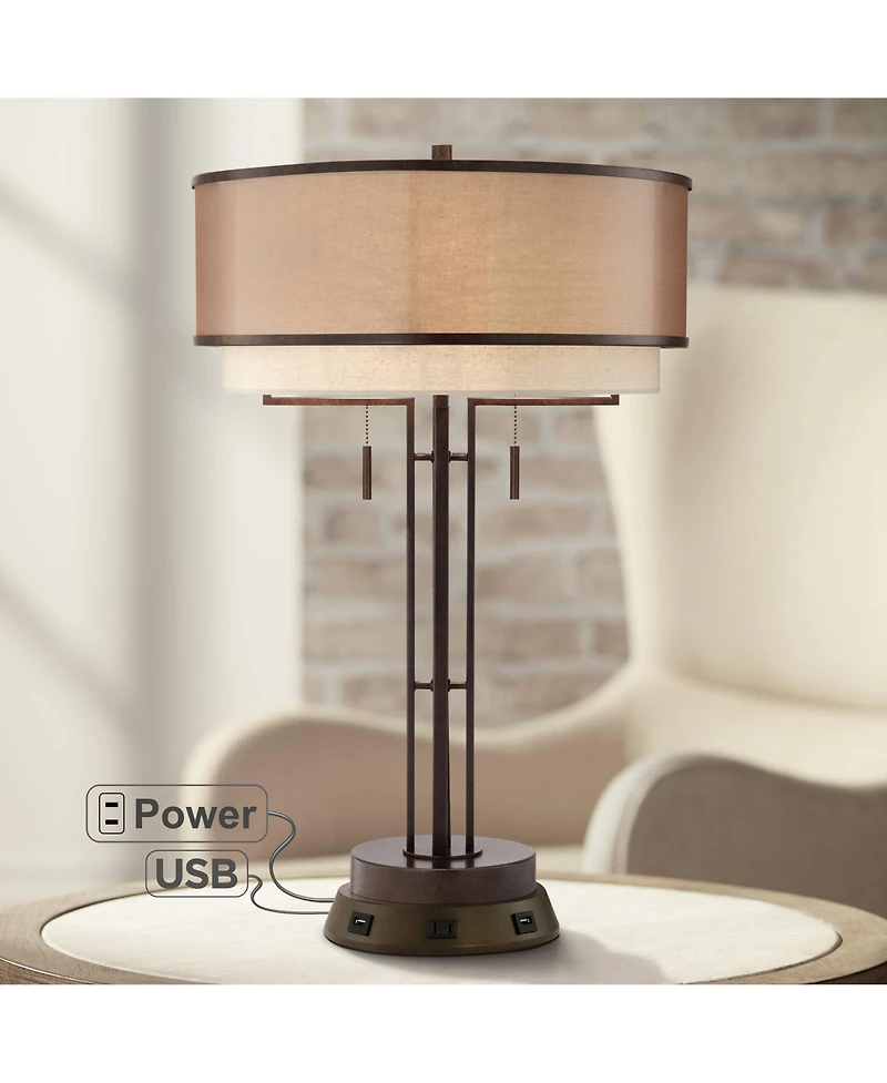 Franklin Iron Works Industrial Table Lamp with Usb and Ac Power Outlet Workstation Charging Base 26" High Bronze Double Shade Living Room