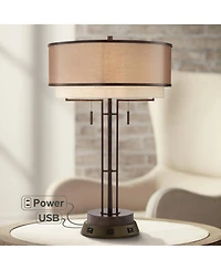 Franklin Iron Works Industrial Table Lamp with Usb and Ac Power Outlet Workstation Charging Base 26" High Bronze Double Shade Living Room