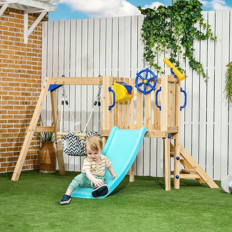 Outsunny 3 in 1 Wooden Outdoor Playset with Baby Swing Seat, Toddler Slide, Captain's Wheel, Telescope, Backyard Playground Set, Kids Playground Equip