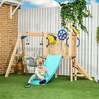 Outsunny 3 in 1 Wooden Outdoor Playset with Baby Swing Seat, Toddler Slide, Captain's Wheel, Telescope, Backyard Playground Set, Kids Playground Equip