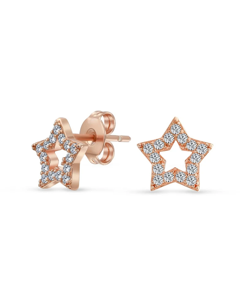 Bling Jewelry American Patriotic Rock Stars Sparkling Cz Pave Celestial Star Stud Earrings Rose Gold .925 Sterling Silver