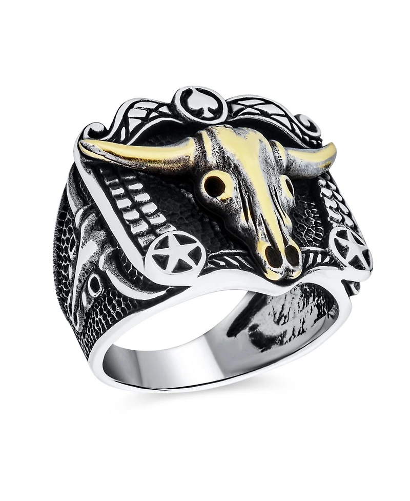 Bling Jewelry Black Textured Animal Buffalo Cow Skull Antelope Goat Big Texas Longhorn Signet Ring Two Tone Sterling Silver