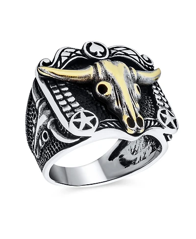 Bling Jewelry Black Textured Animal Buffalo Cow Skull Antelope Goat Big Texas Longhorn Signet Ring Two Tone Sterling Silver
