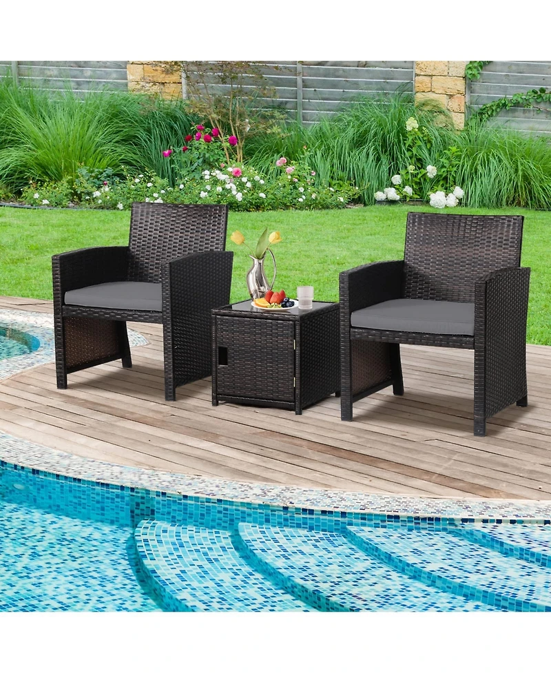 Sugift 3 Pieces Pe Rattan Wicker Furniture Set with Cushion Sofa Coffee Table for Garden